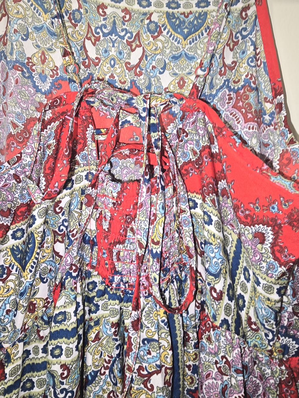 Bohemian Red Patterned Midi Sundress with Spaghetti Straps - Picture 2 of 5